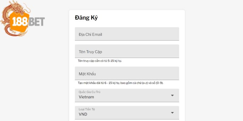 Biểu điền thông tin đăng ký tài khoản 188BET