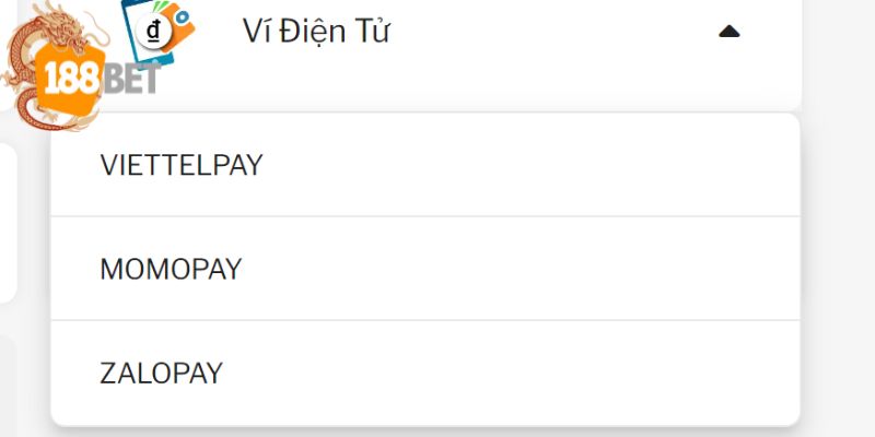 Các ví điện tử được 188BET sử dụng để gửi tiền